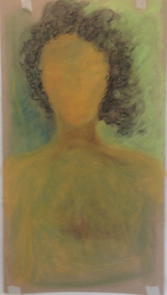 Autoportrait en séance d'art-thérapie avec Cécile Orsoni art-thérapeute. Une femme fait son autoportrait qui est aussi le portrait de sa mère